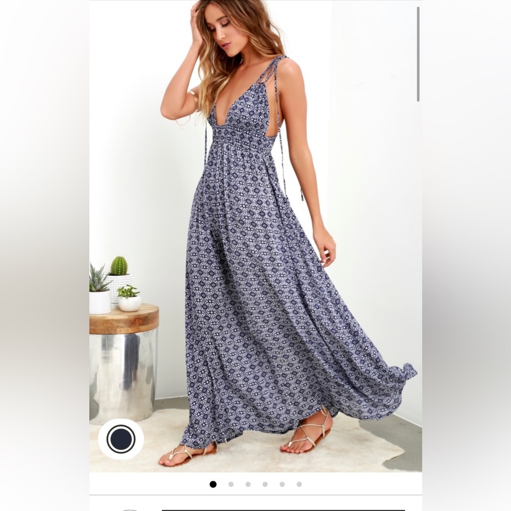 Lulus Field Day Navy Blue Print Tie-Strap Maxi Dress